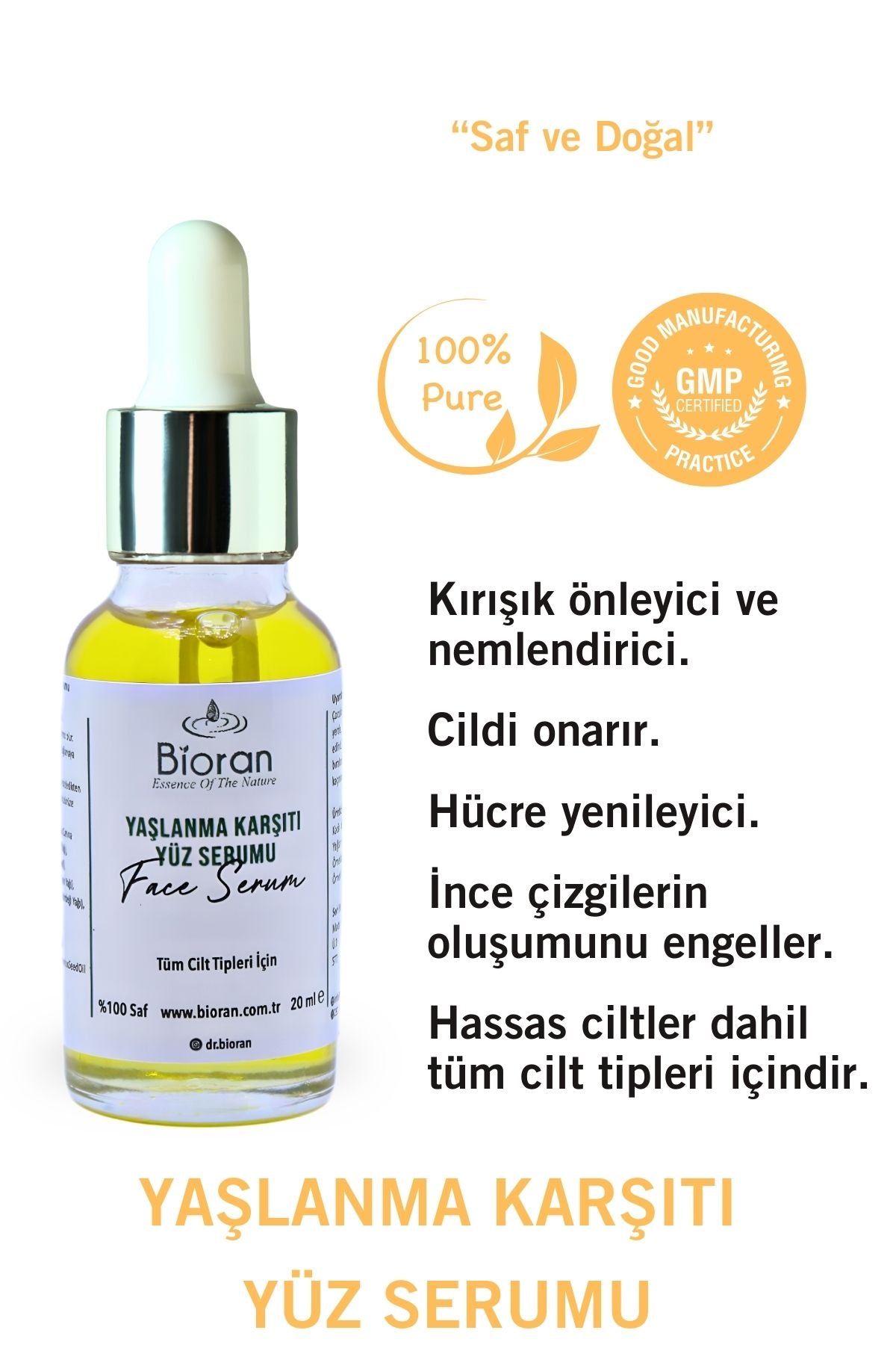 Yaşlanma Karşıtı Yüz Serumu %100 Saf ve Doğal İçerikli 20 ml.