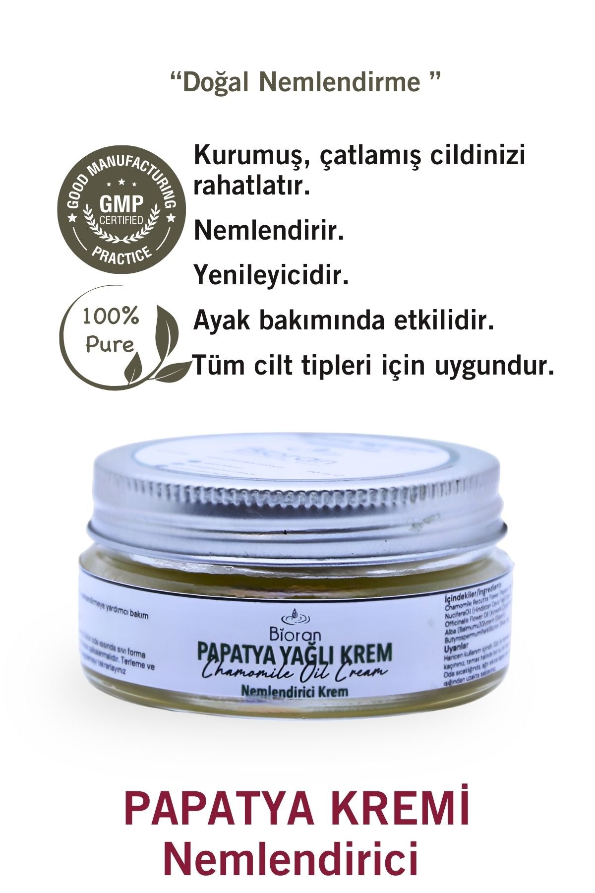 Papatya Yağlı %100 Doğal İçerikli Yoğun Bakım Kremi 40 Ml.